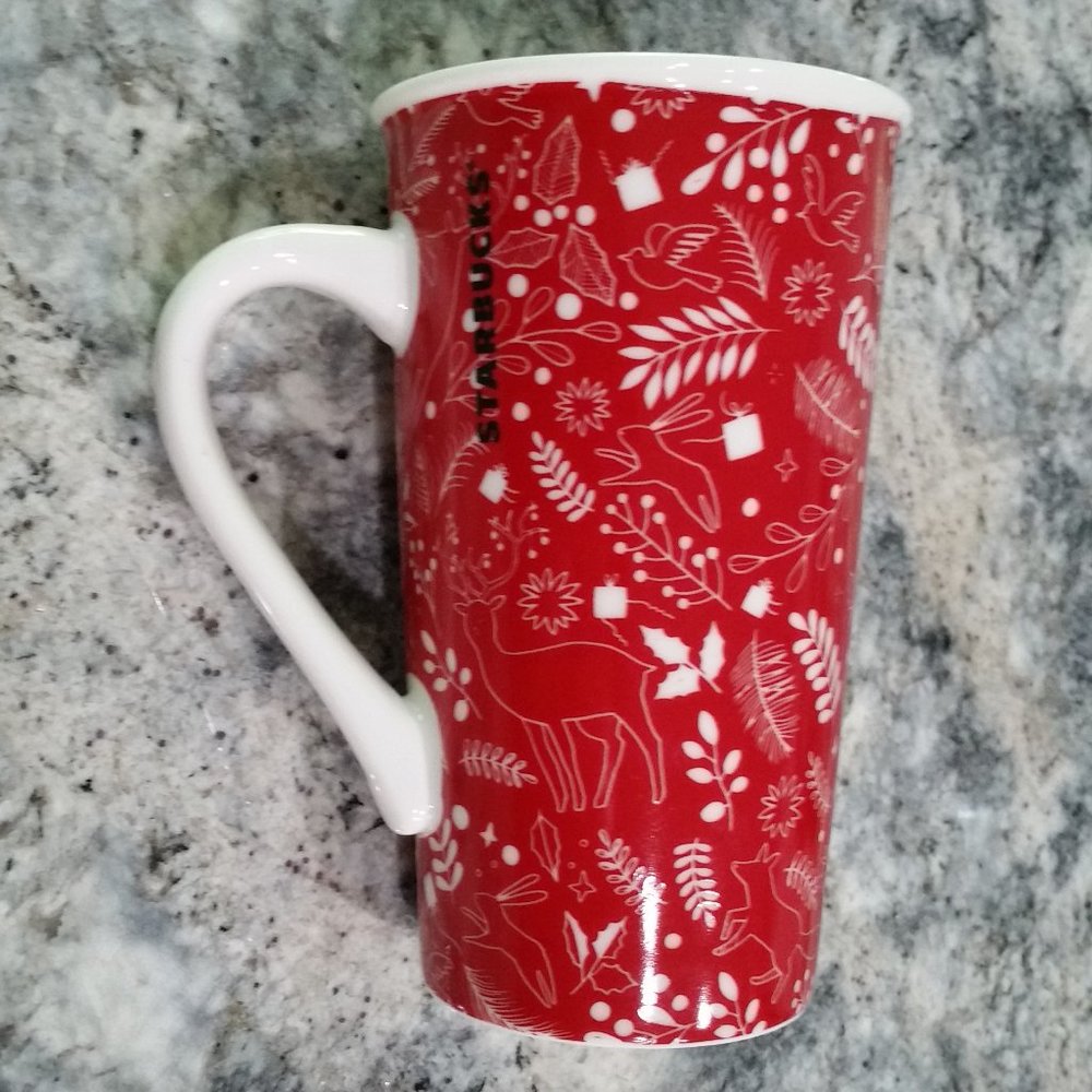 STARBUCKS 2019 16 OZ COFFEE MUG TEA CUP RED WHITE WITH DEER, RABBITS, FOX, BIRDS